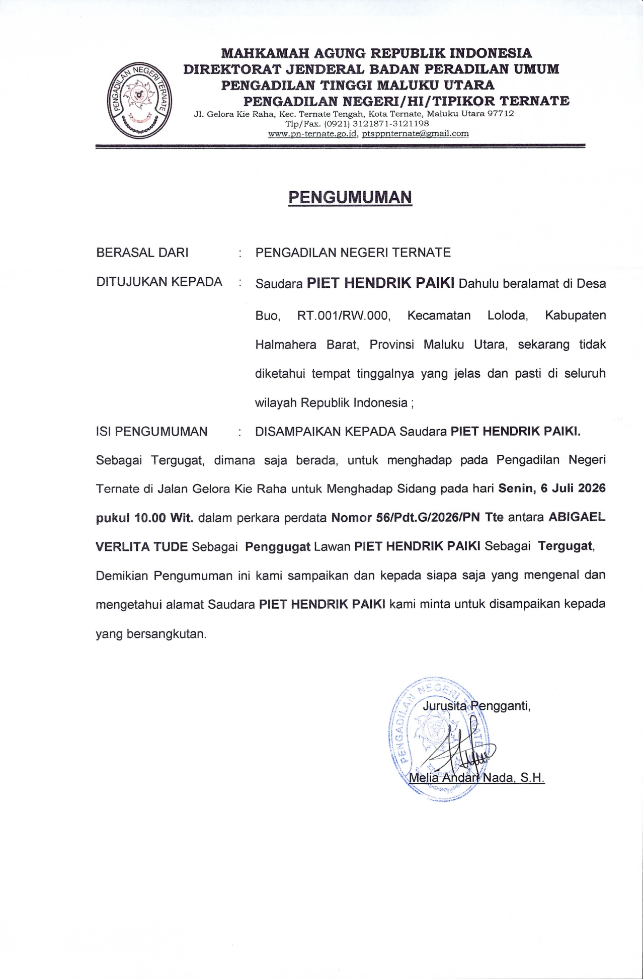 RELAAS PANGGILAN KEPADA TERGUGAT PERKARA NOMOR: 56/Pdt.G/2026/PN Tte